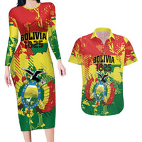 Personalized Bolivia 1825 Couples Matching Long Sleeve Bodycon Dress and Hawaiian Shirt Coat Of Arms Flag Colors - Wonder Print Shop