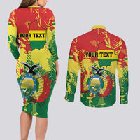 Personalized Bolivia 1825 Couples Matching Long Sleeve Bodycon Dress and Long Sleeve Button Shirt Coat Of Arms Flag Colors - Wonder Print Shop