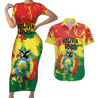 Personalized Bolivia 1825 Couples Matching Short Sleeve Bodycon Dress and Hawaiian Shirt Coat Of Arms Flag Colors - Wonder Print Shop