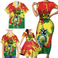 Personalized Bolivia 1825 Family Matching Short Sleeve Bodycon Dress and Hawaiian Shirt Coat Of Arms Flag Colors - Wonder Print Shop
