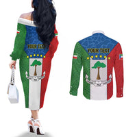 Personalized Equatorial Guinea Couples Matching Off The Shoulder Long Sleeve Dress and Long Sleeve Button Shirt Unidad Paz Justicia