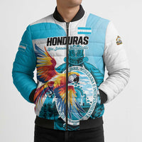 Personalized Honduras 1821 Bomber Puffer Jacket Scarlet Macaw Sky Blue Color - Wonder Print Shop