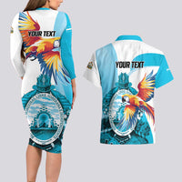 Personalized Honduras 1821 Couples Matching Long Sleeve Bodycon Dress and Hawaiian Shirt Scarlet Macaw Sky Blue Color - Wonder Print Shop