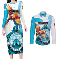 Personalized Honduras 1821 Couples Matching Long Sleeve Bodycon Dress and Long Sleeve Button Shirt Scarlet Macaw Sky Blue Color - Wonder Print Shop