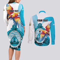 Personalized Honduras 1821 Couples Matching Long Sleeve Bodycon Dress and Long Sleeve Button Shirt Scarlet Macaw Sky Blue Color - Wonder Print Shop