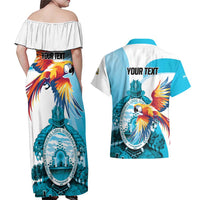 Personalized Honduras 1821 Couples Matching Off Shoulder Maxi Dress and Hawaiian Shirt Scarlet Macaw Sky Blue Color - Wonder Print Shop