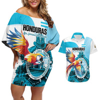 Personalized Honduras 1821 Couples Matching Off Shoulder Short Dress and Hawaiian Shirt Scarlet Macaw Sky Blue Color - Wonder Print Shop