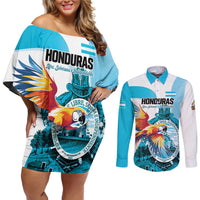 Personalized Honduras 1821 Couples Matching Off Shoulder Short Dress and Long Sleeve Button Shirt Scarlet Macaw Sky Blue Color - Wonder Print Shop