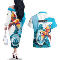 Personalized Honduras 1821 Couples Matching Off The Shoulder Long Sleeve Dress and Hawaiian Shirt Scarlet Macaw Sky Blue Color - Wonder Print Shop