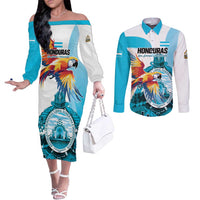 Personalized Honduras 1821 Couples Matching Off The Shoulder Long Sleeve Dress and Long Sleeve Button Shirt Scarlet Macaw Sky Blue Color - Wonder Print Shop