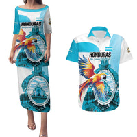 Personalized Honduras 1821 Couples Matching Puletasi and Hawaiian Shirt Scarlet Macaw Sky Blue Color - Wonder Print Shop