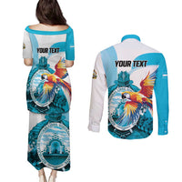 Personalized Honduras 1821 Couples Matching Puletasi and Long Sleeve Button Shirt Scarlet Macaw Sky Blue Color - Wonder Print Shop
