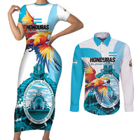 Personalized Honduras 1821 Couples Matching Short Sleeve Bodycon Dress and Long Sleeve Button Shirt Scarlet Macaw Sky Blue Color - Wonder Print Shop