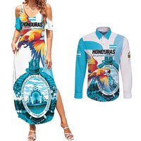 Personalized Honduras 1821 Couples Matching Summer Maxi Dress and Long Sleeve Button Shirt Scarlet Macaw Sky Blue Color - Wonder Print Shop