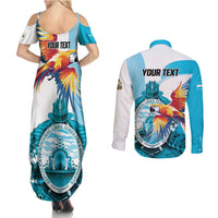 Personalized Honduras 1821 Couples Matching Summer Maxi Dress and Long Sleeve Button Shirt Scarlet Macaw Sky Blue Color - Wonder Print Shop