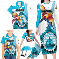 Personalized Honduras 1821 Family Matching Long Sleeve Bodycon Dress and Hawaiian Shirt Scarlet Macaw Sky Blue Color - Wonder Print Shop