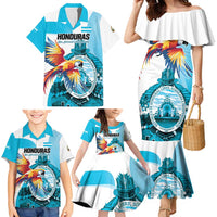 Personalized Honduras 1821 Family Matching Mermaid Dress and Hawaiian Shirt Scarlet Macaw Sky Blue Color - Wonder Print Shop