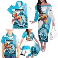 Personalized Honduras 1821 Family Matching Off The Shoulder Long Sleeve Dress and Hawaiian Shirt Scarlet Macaw Sky Blue Color - Wonder Print Shop