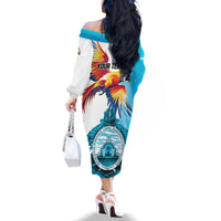 Personalized Honduras 1821 Family Matching Off The Shoulder Long Sleeve Dress and Hawaiian Shirt Scarlet Macaw Sky Blue Color - Wonder Print Shop