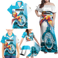 Personalized Honduras 1821 Family Matching Off Shoulder Maxi Dress and Hawaiian Shirt Scarlet Macaw Sky Blue Color - Wonder Print Shop
