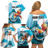 Personalized Honduras 1821 Family Matching Off Shoulder Short Dress and Hawaiian Shirt Scarlet Macaw Sky Blue Color - Wonder Print Shop
