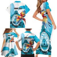 Personalized Honduras 1821 Family Matching Short Sleeve Bodycon Dress and Hawaiian Shirt Scarlet Macaw Sky Blue Color - Wonder Print Shop