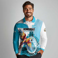 Personalized Honduras 1821 Long Sleeve Polo Shirt Scarlet Macaw Sky Blue Color - Wonder Print Shop