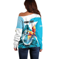 Personalized Honduras 1821 Off Shoulder Sweater Scarlet Macaw Sky Blue Color - Wonder Print Shop