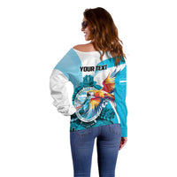 Personalized Honduras 1821 Off Shoulder Sweater Scarlet Macaw Sky Blue Color - Wonder Print Shop