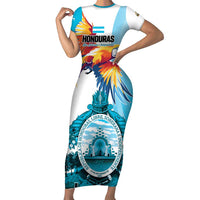Personalized Honduras 1821 Short Sleeve Bodycon Dress Scarlet Macaw Sky Blue Color - Wonder Print Shop