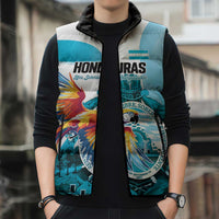 Personalized Honduras 1821 Sleeveless Puffer Jacket Scarlet Macaw Sky Blue Color - Wonder Print Shop