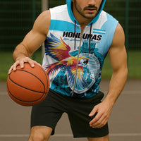 Personalized Honduras 1821 Sleeveless Zip Hoodie Scarlet Macaw Sky Blue Color - Wonder Print Shop