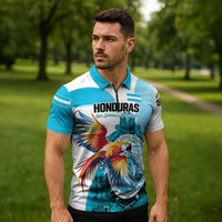 Personalized Honduras 1821 Zipper Polo Shirt Scarlet Macaw Sky Blue Color - Wonder Print Shop