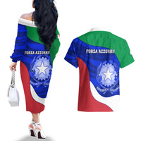 Italy Rugby Couples Matching Off The Shoulder Long Sleeve Dress and Hawaiian Shirt Forza Azzurri 2023 World Cup - Wonder Print Shop