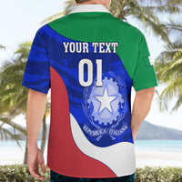 Rugby-style shirt back with 'YOUR TEXT 01' and crest, green/blue/red/white
