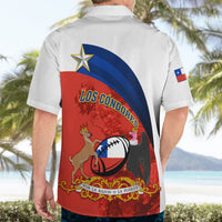 White Hawaiian shirt with Chile rugby back graphic and flag sleeve patch