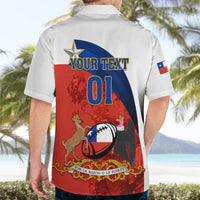 White rugby-style polo shirt back print with YOUR TEXT and 01 over Chile artwork