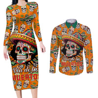 Personalised Day Of The Dead Couples Matching Long Sleeve Bodycon Dress and Long Sleeve Button Shirts Sugar Skull Dia de los Muertos - Wonder Print Shop