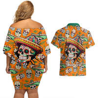 Personalised Day Of The Dead Couples Matching Off Shoulder Short Dress and Hawaiian Shirt Sugar Skull Dia de los Muertos - Wonder Print Shop