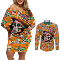 Personalised Day Of The Dead Couples Matching Off Shoulder Short Dress and Long Sleeve Button Shirts Sugar Skull Dia de los Muertos - Wonder Print Shop