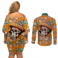 Personalised Day Of The Dead Couples Matching Off Shoulder Short Dress and Long Sleeve Button Shirts Sugar Skull Dia de los Muertos - Wonder Print Shop