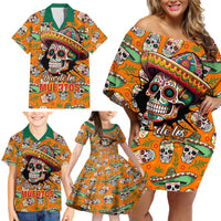 Personalised Day Of The Dead Family Matching Off Shoulder Short Dress and Hawaiian Shirt Sugar Skull Dia de los Muertos - Wonder Print Shop