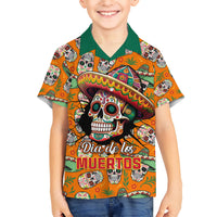 Kids orange Hawaiian shirt with green collar, sugar skull graphic and Dia de los Muertos text
