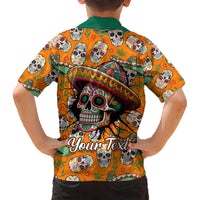 Kids orange Hawaiian shirt with green collar, sugar skull back print and Your Text