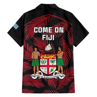 Black short-sleeve button-up shirt with red palm print and Come On Fiji back graphic
