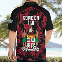 Black short-sleeve button-up shirt with red palm print and Come On Fiji back design