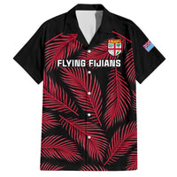 Black button-up rugby-style shirt with red palm leaf print, Flying Fijians front graphic