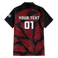 Black short-sleeve shirt with red palm leaves and back graphic 'YOUR TEXT 01'