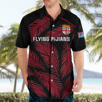 Mens black rugby-style shirt with red palm leaf print, Flying Fijians front and crest