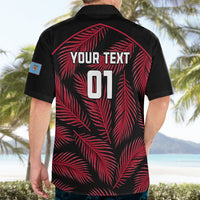 Back view of black short-sleeve shirt with red palm leaves and 'YOUR TEXT 01' print